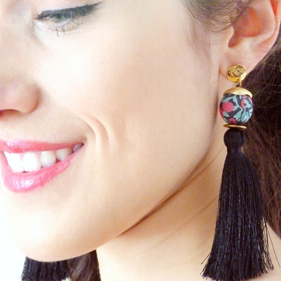 Tassel earrings,Black earrings,Long earrings,Silk tassel earrings,Luxurious earrings,Statement earrings,2018 jewelry,Boho chic earrings