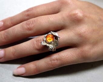 FLORAL DESIGN SILVER and Mexican Fire Opal Ring
