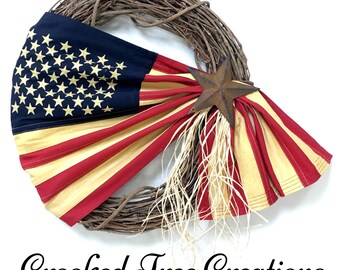 Prim Flag Wreath, Patriotic Wreath, Americana Wreath, 4th Of July, Memorial Day, All Seasons Wreath, Tea Stained Flag Wreath, Veterans Day