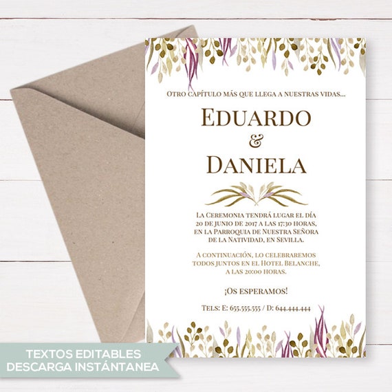 Plantilla PDF Invitación Boda flores. Descarga instantánea.