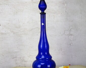Vintage XL Blue Glass Genie Bottle Stopper Decanter Decorative Murano 24.40"