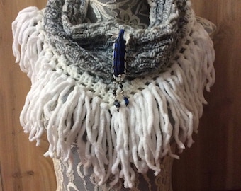 Pale Gray Blue Jay cowl... knit crocheted fringed yarn soft scarf leather tie bohemian boho