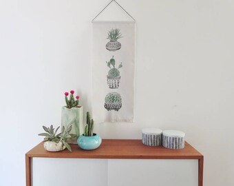 Cactus Wallhanging, Jungalow style, Tropical , Boho, Block Print with fringe, Home Decor