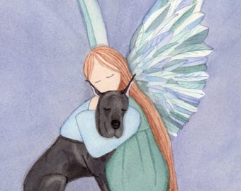 Angel and black great dane / Lynch signed folk art print