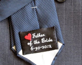 WEDDING TIE PATCH, Label, Groom, Father of the Bride/Groom, Several Designs, Custom Available, Satin Polyester Ribbon, 1 1/2 x 2 3/8 inches