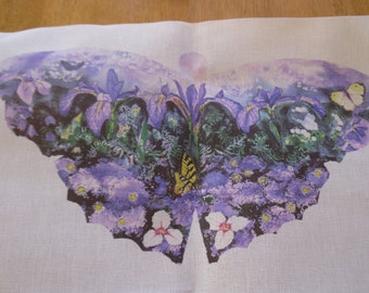 Vintage painted needlepoint. Butterfly and flowers