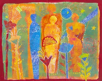 The Ancestors Come Visiting In The Garden. Figures share passion, healing and blessing.