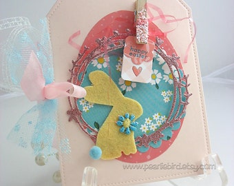Shabby Chic Bunny Rabbit Card~arty tag shape card~baby shower card~velveteen rabbit~Easter Bunny~pink~green~blue~yellow~lavender~coral~kraft