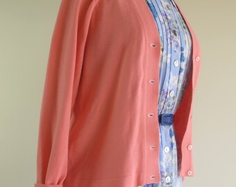 Vintage 1950s Coral Pastel Pink Knit 50s Orlon Cardigan