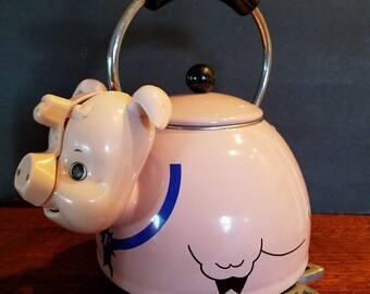Rare Vintage Pork-Tea-Pig Enamel Tea Kettle -Adorable Pink Pig Tea Kettle by Kamenstein With Original Box- America's Number One Pork Chop