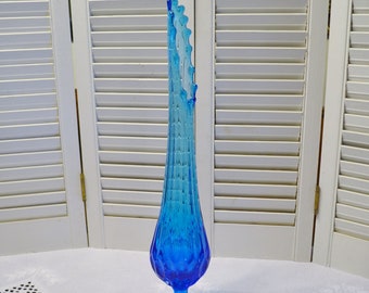 Vintage Swung Glass Vase Turquoise Blue Tall Stretch Glass Flower Vase Mid Century Art Glass PanchosPorch