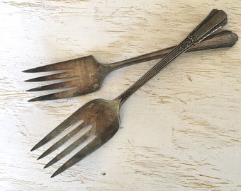 silver cold meat forks - wm rogers - buffet serving fork with tarnished patina set of 2 mismatched - shabby cottage chic - hollywood regency