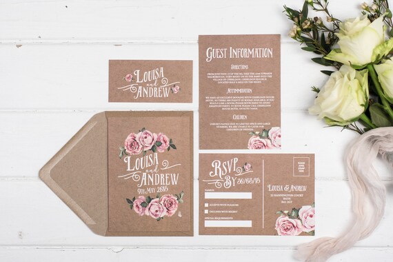 Rustic Wedding Invitation Set - A6 Kraft Rustic Rose