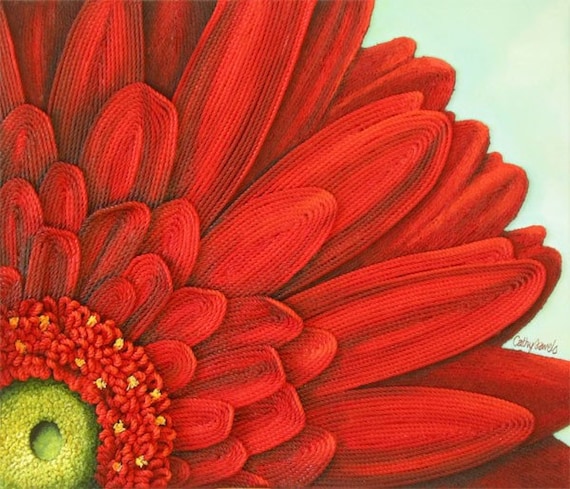 Gerbera Daisy Painting String Art Red 3D Flower Original Art