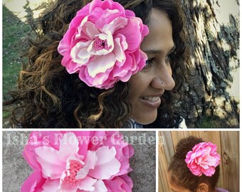 Pink peony hair flower clip, realistic