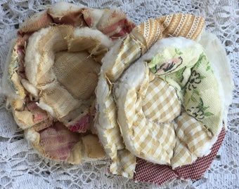 3 upcycled fabric flowers, cottage chic flower, gift top, lot flower supplies scrap flowers shabby upcycled quilt flower scrap appliques #36