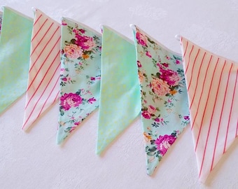 Bunting Banner Girl - 12 Flags Banner - Bunting Garland - Baby Nursery - Fabric Pennant Flags - Decor Baby Shower