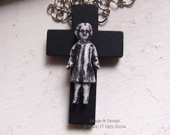 Frozen Charlotte Doll On A Black Cross Necklace by Ugly Shyla - Ugly Art Dolls - Gothic Cross - Choker - Gothic Jewelry - Grunge