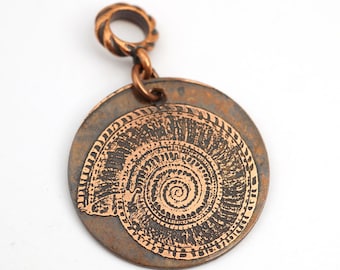 Copper spiral shell pendant, round flat antiqued metal jewelry, optional necklace, 28mm