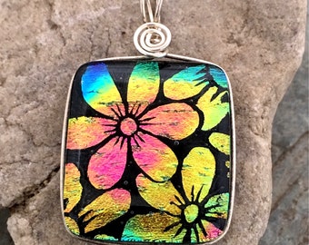 SALE Dichroic Glass Pendant Hand Etched Tree Wire Wrapped- Studio Clearance