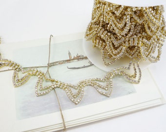 Gold Rhinestone Garland Trim, Rhinestone Chain, Rhinestone Trim, Wedding Rhinestone Applique, Clear Crystal Trim, 20mm ( 1 Feet Qty)