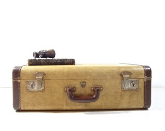 Vintage Tweed Suitcase / 1940s Yellow Tweed Suitcase / Vintage Luggage