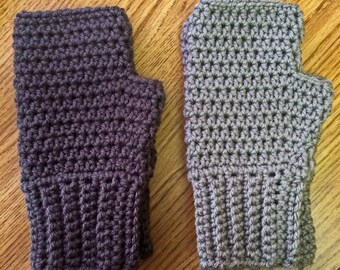 Men's Large Fingerless Gloves Ribbed Wristband Mittens Handmade Crochet