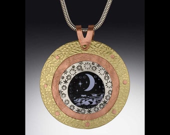 Handmade Mixed Metal Jewelry - Mixed Metal Pendant- Statement Necklace - Lunar Landscape Pendant- Metal & Glass- Brass Copper Sterling