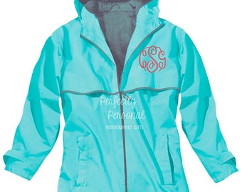 FREE SHIPPING! Charles River New Englander Monogrammed Rain Jacket Waterproof More Colors XS-3X Gray Mesh Lined Coat ~ Full Zip ~ Hooded