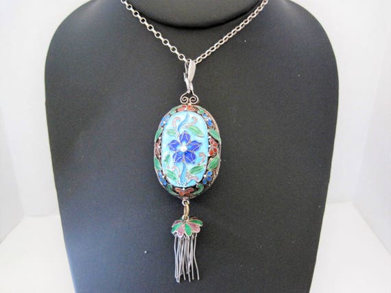 China Silver Pendant Necklace, Sterling Pendant and Chain, Chinese Export, Blue Cloisonné Enamel, Tassel Enhanced, Signed at Base