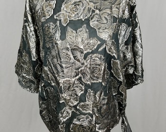 Vintage Teddi Of California Black Silver Rose Floral Women's Blouse 70s 80s - Size Large