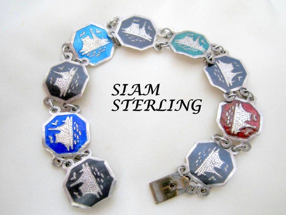 Sterling Silver Bracelet, Signed Siam Sterling, Colorful Enamel Links