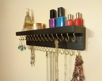30 COLOR / FINISH CHOICES - Jewelry / Necklace Organizer - Jewelry Holder - Wall Mounted - With A Shelf - 31 Jewelry Hooks