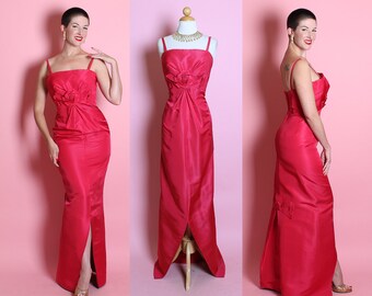 COUTURE Designer 1950's Vibrant Magenta Pure Silk Extreme Hourglass Evening Gown w/ 3D Rosettes & Back Train by HELENA BARBIERI Original - M