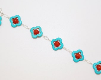 Turquoise and Red Agate Sterling Silver Bracelet
