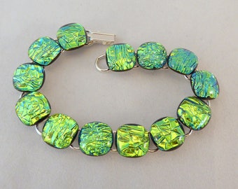 8 Inch Green Dichroic Fused Glass Bracelet, Fused Glass, Fused Glass Bracelet, Glass Bracelet, Dichroic Bracelet, Emerald Green, Green