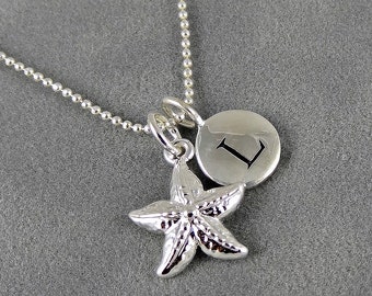 Silver Starfish Initial Necklace - Nautical Theme - Beach Jewelry - Summer Jewelry - Personalized - Bridal Jewelry