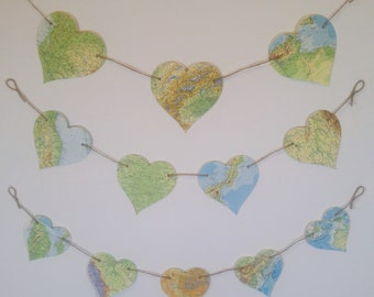 Map Paper Bunting | Heart Bunting Set l Vintage Map Garland | Travel Theme Decor | Housewarming | Party Decoration l Shabby Chic