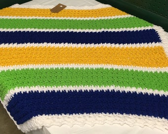 Crochet Blue, Green, Yellow, and White Baby Boy Afghan