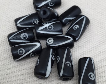 12 Vintage Black White Abstract Tube Bone Beads 13mm