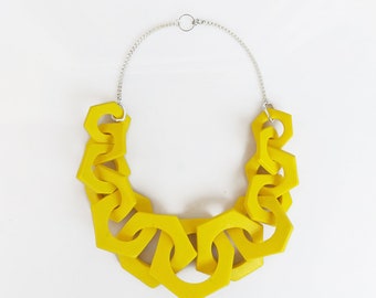 Yellow Chunky Necklace, Link Necklace, Geometric Statement Necklace, Hexagon Necklace