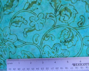 Aqua & Turquoise with Green Floral Print Cotton Batik Fabric