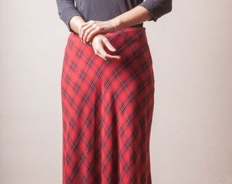 Vintage 90's Plaid Skirt, Long Red Skirt, Ankle Length Skirt,