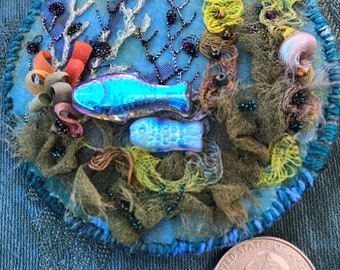 Fantasy seascape embellished fiber art pin