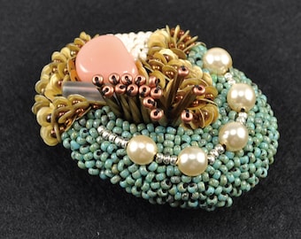 circle beads brooch, statement brooch, green and gold brooch, oval brooch, sparkly brooch, embroidered brooch, art brooch, cool brooch No.1