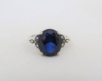 Vintage Sterling Silver Blue Sapphire & Seed Pearl Ring Size 7