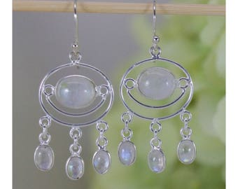 Naturally Glowing Moonstone Chandelier Earrings in Sterling Silver