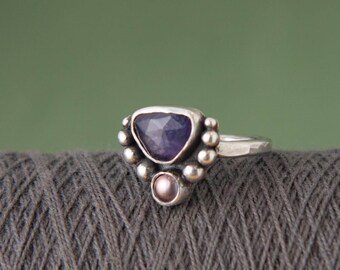 Iolite, Freshwater Pearl, Sterling Silver Ring