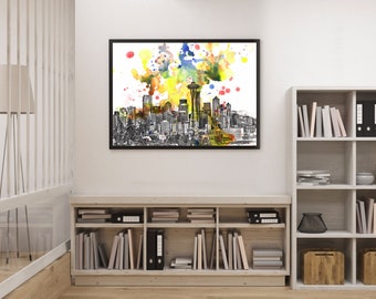 Seattle Art Print From Original Watercolor Painting Seattle Skyline Art Print Seattle Painting Wall Art