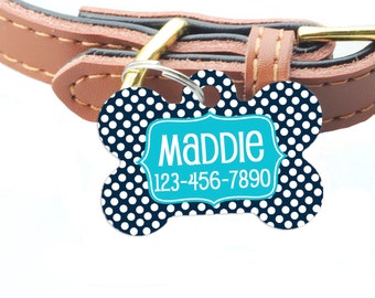 Personalized Pet Id Tag - Custom Dog Tag - Navy Turquoise Big Dots